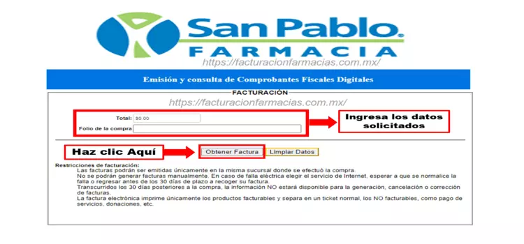 datos de facturación en farmacias san pablo